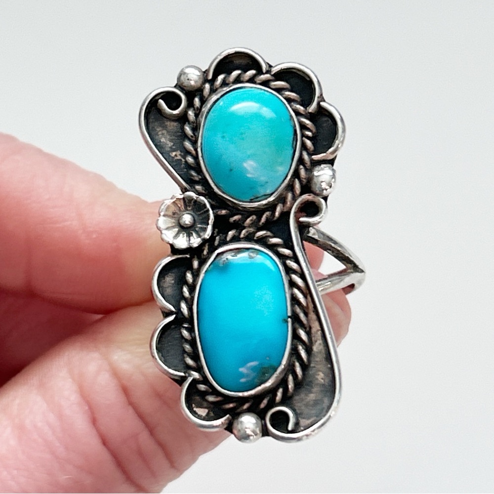 Vintage Southwestern Statement Double Turquoise Sterling Silver Ring